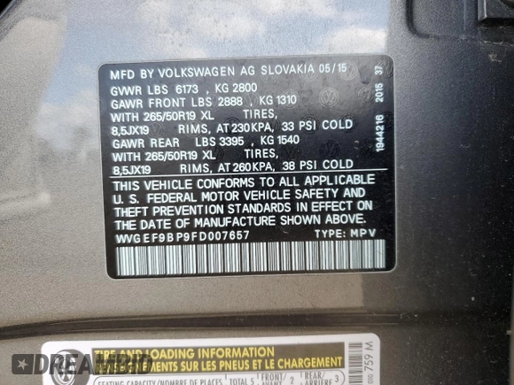 2015 Volkswagen Touareg Sport with VIN WVGEF9BP9FD007657, listed as a Copart auction lot 49432045 with 61,668 mi miles and Salvage title. Bid and sale history available at DreamBid. Image 13.
