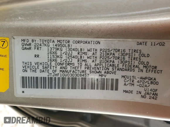 2003 Lexus RX 300 z VIN JTJHF10U030308457, wystawiony jako Copart lot #54902855 z przebiegiem 263 202 mil mil oraz Szkoda całkowita • Salvage title. Historia ofert i sprzedaży dostępna na DreamBid. Obrazek 12.