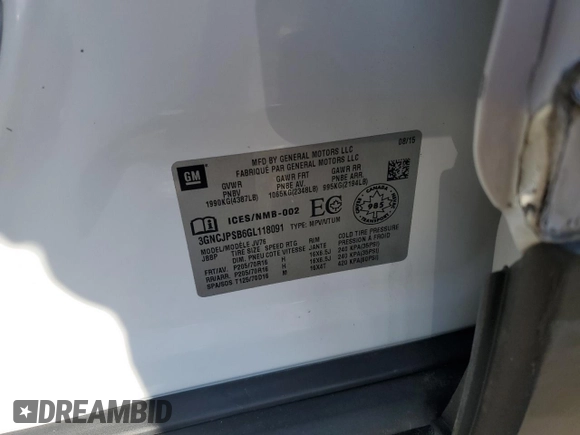2016 Chevrolet Trax LT with VIN 3GNCJPSB6GL118091, listed as a Copart auction lot 54823435 with 114,762 mi miles and Salvage Title. Bid and sale history available at DreamBid. Image 13.