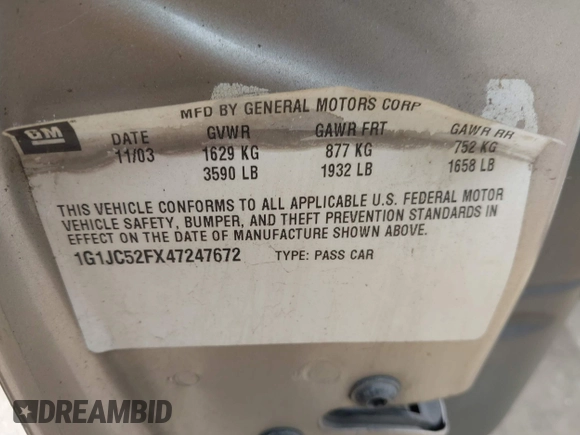 2003 Chevrolet Cavalier LS with VIN 1G1JF52F237285855, listed as a IAAI auction lot 42048365 with 273,726 mi miles. Bid and sale history available at carsss.com. Image 9.