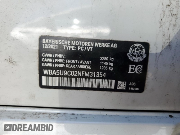 2022 BMW 3 Series M340i xDrive with VIN WBA5U9C02NFM31354, listed as a Copart auction lot 50986335 with Not Provided miles and Clean Title. Bid and sale history available at DreamBid. Image 13.
