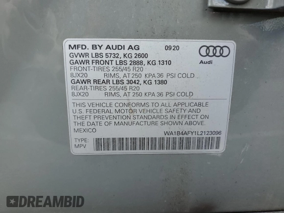 2020 Audi SQ5 Premium Plus with VIN WA1B4AFY1L2123096, listed as a Copart auction lot 41638784 with 31,705 mi miles and . Bid and sale history available at DreamBid. Image 15.