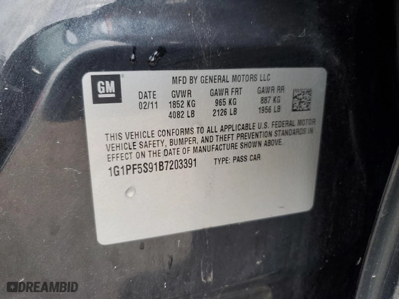 2011 Chevrolet Cruze LT w/1LT with VIN 1G1PF5S91B7203391, listed as a Copart auction lot 46778855 with 0 mi miles and Salvage Title. Bid and sale history available at carsss.com. Image 14.