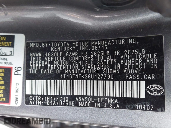 2016 Toyota Camry XLE with VIN 4T1BF1FK2GU127790, listed as a IAAI auction lot 41289837 with 151,636 mi miles and . Bid and sale history available at carsss.com. Image 9.