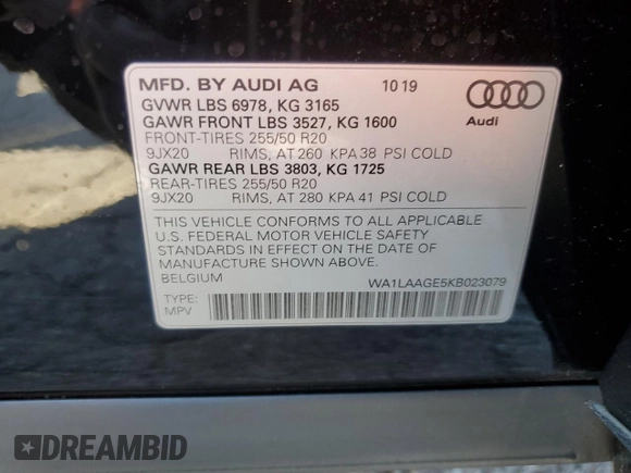 2019 Audi e-tron Premium Plus with VIN WA1LAAGE5KB023079, listed as a Copart auction lot 64977463 with 14,043 mi miles. Bid and sale history available at carsss.com. Image 12.