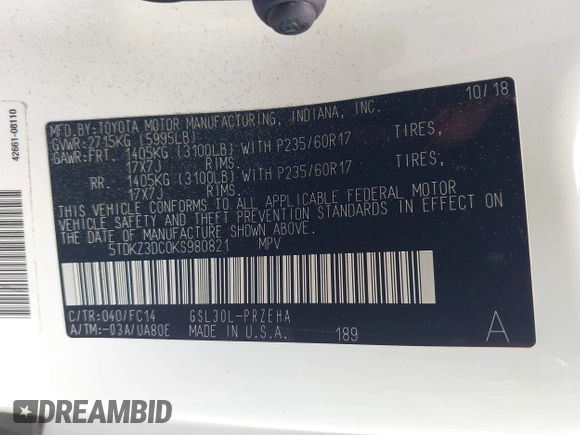 2019 Toyota Sienna LE Auto Access Seat с VIN 5TDKZ3DC0KS980821, выставлен на аукционе IAAI как лот 42000422 с пробегом 89 046 миль миль и . История ставок и продаж доступна на DreamBid. Изображение 9.