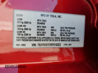 2024 Tesla Model Y Long Range with VIN 7SAYGAEE0RF016323, listed as a Copart auction lot 50253205 with 12,490 mi miles and Salvage title. Bid and sale history available at DreamBid. Image 15.