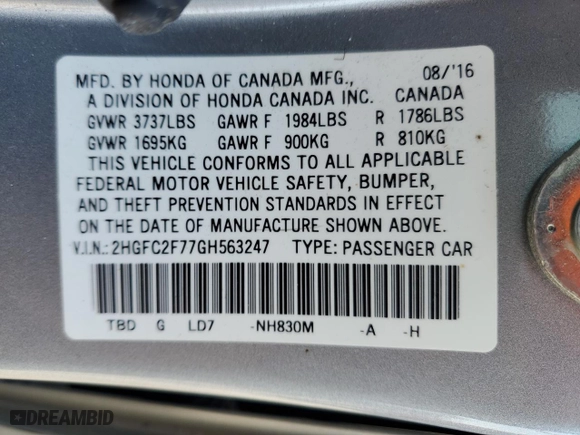 2016 Honda Civic Sedan EX with VIN 2HGFC2F77GH563247, listed as a Copart auction lot 46905325 with 77,195 mi miles and Salvage Title. Bid and sale history available at carsss.com. Image 14.