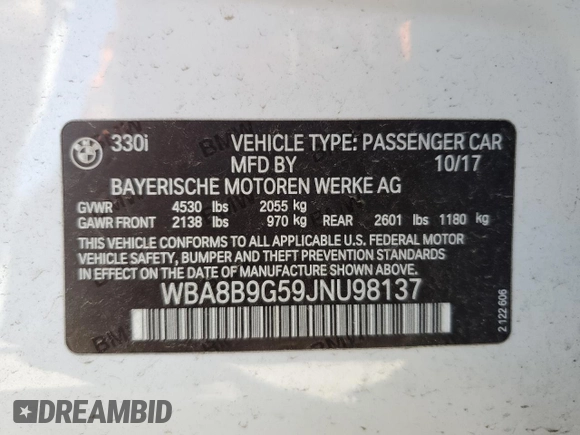 2018 BMW 3 Series 330i z VIN WBA8B9G59JNU98137, wystawiony jako Copart lot #50791405 z przebiegiem 109 232 mil mil oraz Szkoda całkowita • Salvage title. Historia ofert i sprzedaży dostępna na DreamBid. Obrazek 12.
