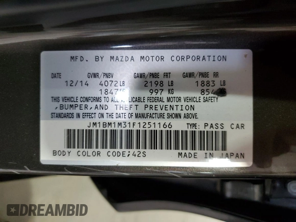 2015 Mazda 3 S Grand Touring with VIN JM1BM1M31F1251166, listed as a Copart auction lot 63251105 with 230,435 mi miles and Salvage title. Bid and sale history available at DreamBid. Image 12.
