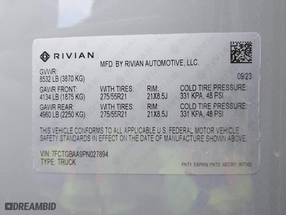2023 Rivian R1T Adventure with VIN 7FCTGBAA9PN027894, listed as a IAAI auction lot 42061339 with 5,047 mi miles. Bid and sale history available at carsss.com. Image 9.