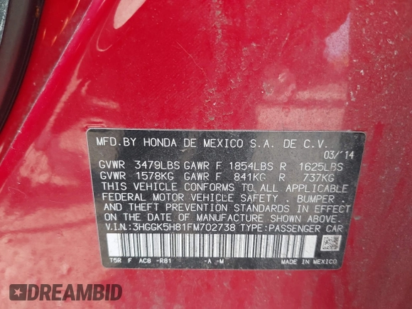 2015 Honda Fit EX-L with VIN 3HGGK5H81FM702738, listed as a IAAI auction lot 42572702 with 142,784 mi miles and . Bid and sale history available at DreamBid. Image 9.