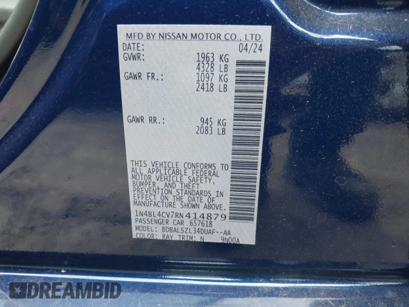 2024 Nissan Altima SR with VIN 1N4BL4CV7RN414879, listed as a IAAI auction lot 42079709 with 7,853 mi miles and . Bid and sale history available at carsss.com. Image 9.