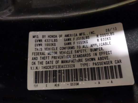 2014 Honda Accord Sedan Sport with VIN 1HGCR2F53EA033028, listed as a IAAI auction lot 41798748 with 109,725 mi miles. Bid and sale history available at carsss.com. Image 9.
