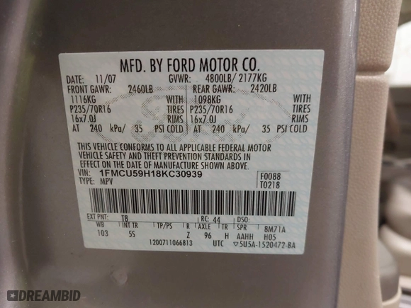 2008 Ford Escape Hybrid with VIN 1FMCU59H18KC30939, listed as a IAAI auction lot 41575587 with 208,879 mi miles. Bid and sale history available at carsss.com. Image 9.
