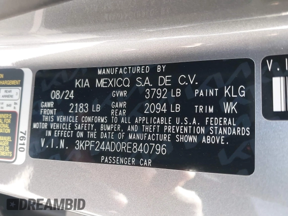 2024 Kia Forte LXS with VIN 3KPF24AD0RE840796, listed as a IAAI auction lot 41806283 with 4,000 mi miles. Bid and sale history available at carsss.com. Image 9.