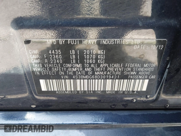 2013 Subaru Legacy Premium z VIN 4S3BMBG68D3019421, wystawiony jako IAAI lot #42097119 z przebiegiem 106 087 mil mil oraz . Historia ofert i sprzedaży dostępna na DreamBid. Obrazek 9.