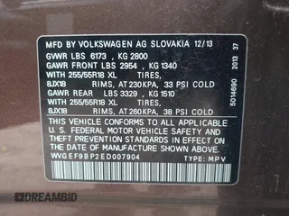 2014 Volkswagen Touareg Sport with VIN WVGEF9BP2ED007904, listed as a IAAI auction lot 41960811 with 126,230 mi miles and . Bid and sale history available at DreamBid. Image 9.