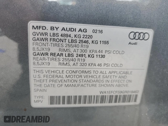 2016 Audi Q3 Premium Plus with VIN WA1EFCFS9GR018463, listed as a Copart auction lot 58431465 with 80,805 mi miles and Salvage title. Bid and sale history available at DreamBid. Image 13.