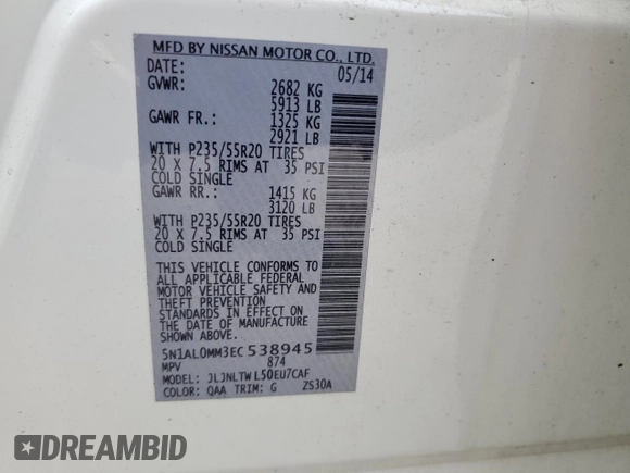 2014 Infiniti QX60 with VIN 5N1AL0MM3EC538945, listed as a Copart auction lot 63895465 with 141,161 mi miles and Clean title. Bid and sale history available at DreamBid. Image 13.