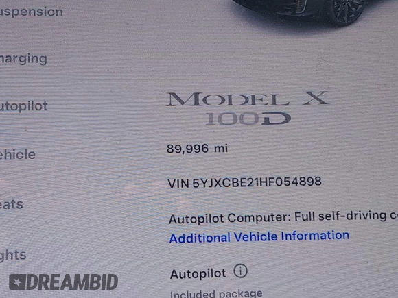 2017 Tesla Model X 90D with VIN 5YJXCBE21HF054898, listed as a IAAI auction lot 42076462 with 89,996 mi miles and . Bid and sale history available at DreamBid. Image 14.