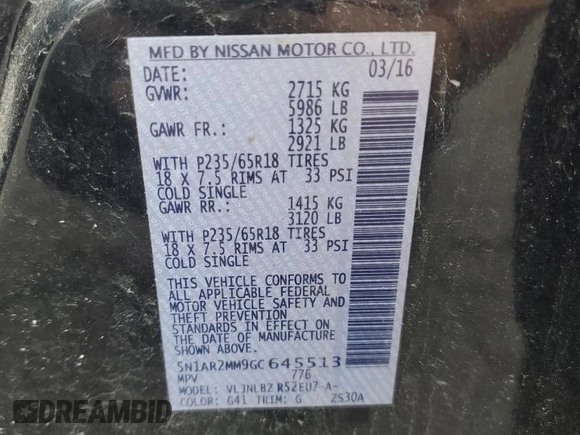 2016 Nissan Pathfinder SV with VIN 5N1AR2MM9GC645513, listed as a Copart auction lot 59592645 with 219,926 mi miles and Salvage title. Bid and sale history available at DreamBid. Image 13.