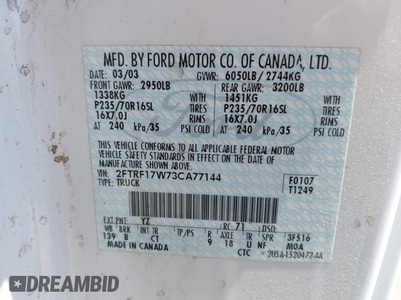 2003 Ford F-150 XL with VIN 2FTRF17W73CA77144, listed as a IAAI auction lot 42609120 with 102,490 mi miles and . Bid and sale history available at DreamBid. Image 9.