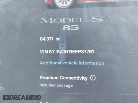 2014 Tesla Model S 60 with VIN 5YJSA1H11EFP37791, listed as a IAAI auction lot 41995504 with 84,371 mi miles and . Bid and sale history available at DreamBid. Image 7.