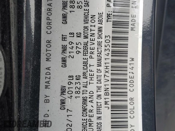 2017 Mazda 3 Touring with VIN JM1BN1V7XH1143503, listed as a Copart auction lot 58628085 with 181,345 mi miles and Salvage title. Bid and sale history available at DreamBid. Image 12.