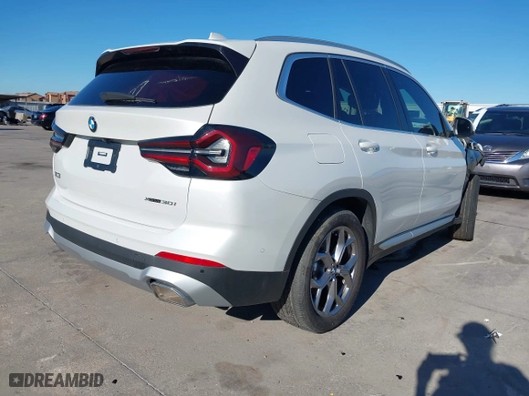 2023 BMW X3 xDrive30i with VIN 5UX53DP06P9R03848, listed as a IAAI auction lot 40777383 with 4,377 mi miles. Bid and sale history available at carsss.com. Image 4.