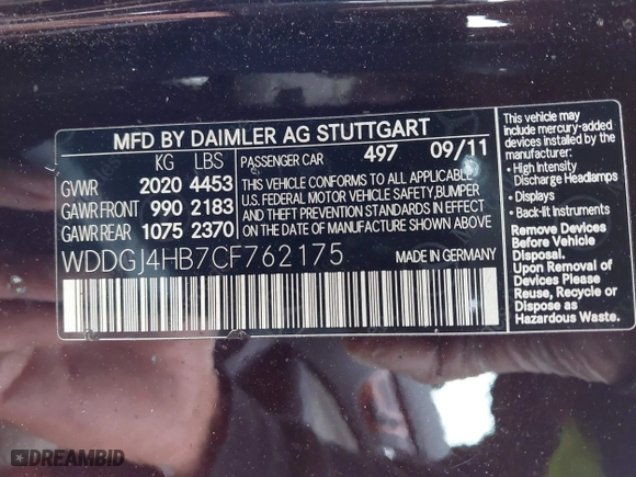 2012 Mercedes-Benz C-Class C 250 with VIN WDDGJ4HB7CF762175, listed as a IAAI auction lot 41888646 with 109,303 mi miles. Bid and sale history available at carsss.com. Image 9.