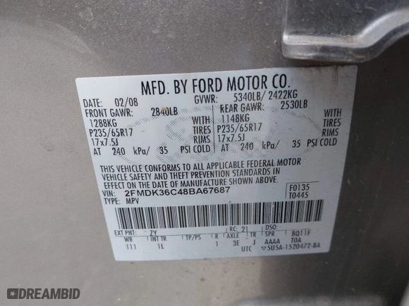 2008 Ford Edge SE with VIN 2FMDK36C48BA67687, listed as a IAAI auction lot 42068301 with 196,987 mi miles. Bid and sale history available at carsss.com. Image 9.