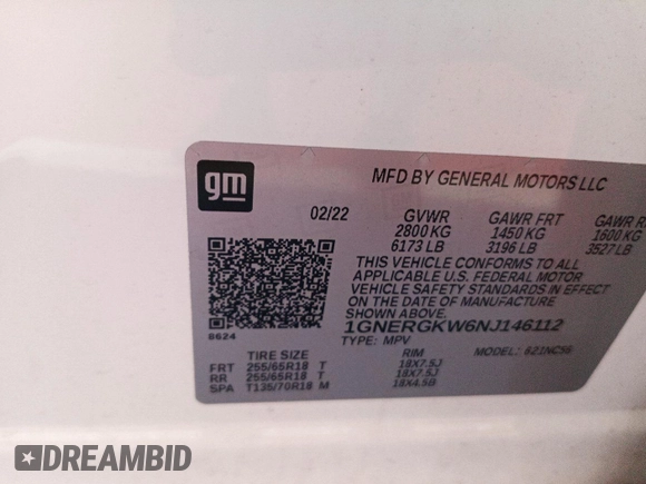 2022 Chevrolet Traverse LT Cloth with VIN 1GNERGKW6NJ146112, listed as a IAAI auction lot 42847627 with 80,060 mi miles and . Bid and sale history available at DreamBid. Image 3.