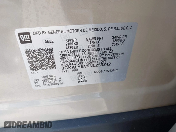 2022 GMC Terrain AT4 with VIN 3GKALYEV9NL259342, listed as a IAAI auction lot 42338407 with 31,590 mi miles and . Bid and sale history available at DreamBid. Image 9.