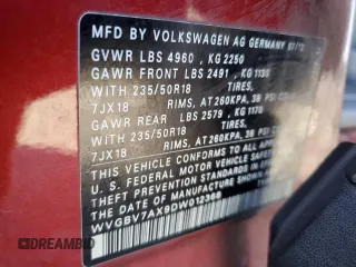 2013 Volkswagen Tiguan SE with VIN WVGBV7AX9DW012368, listed as a Copart auction lot 57244975 with 177,810 mi miles and Salvage title. Bid and sale history available at DreamBid. Image 13.