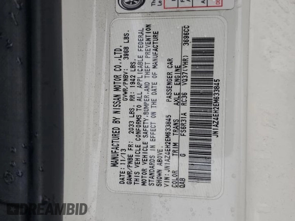 2014 Nissan 370Z with VIN JN1AZ4EH2EM633845, listed as a Copart auction lot 63583194 with 0 mi miles and Salvage Title. Bid and sale history available at carsss.com. Image 12.