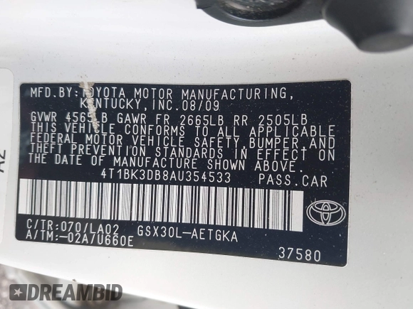 2010 Toyota Avalon XL with VIN 4T1BK3DB8AU354533, listed as a IAAI auction lot 41802797 with 117,956 mi miles and . Bid and sale history available at carsss.com. Image 9.