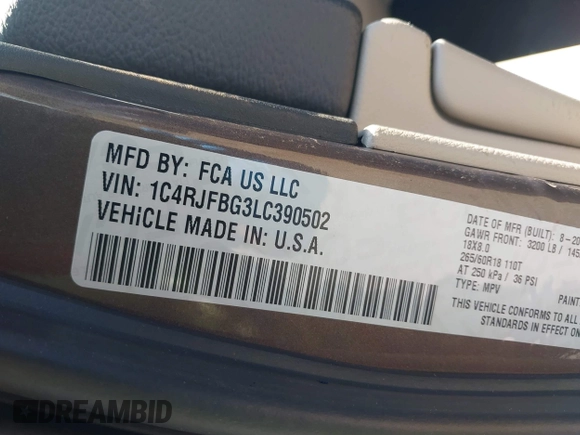 2020 Jeep Grand Cherokee Limited with VIN 1C4RJFBG3LC390502, listed as a IAAI auction lot 42570279 with 36,037 mi miles and . Bid and sale history available at DreamBid. Image 9.