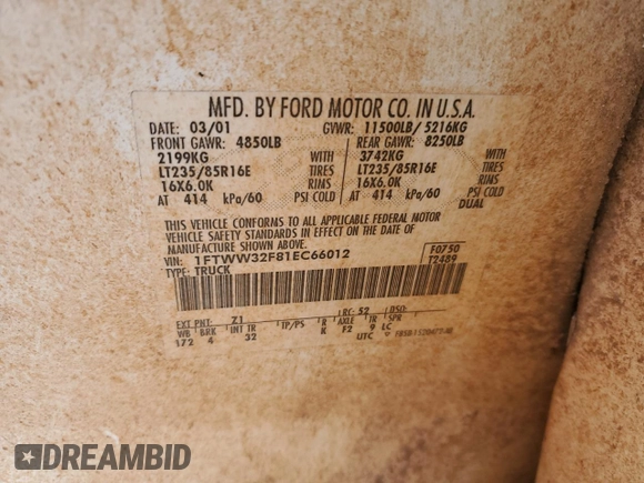 2001 Ford F-350 XL with VIN 1FTWW32F81EC66012, listed as a Copart auction lot 48225834 with 141,971 mi miles and Salvage title. Bid and sale history available at DreamBid. Image 13.