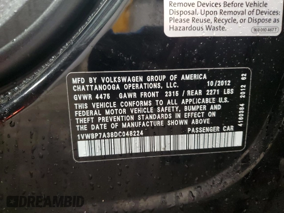 2013 Volkswagen Passat SE w/Sunroof & Nav with VIN 1VWBP7A38DC048224, listed as a Copart auction lot 53722345 with 123,639 mi miles and Non Repairable. Bid and sale history available at carsss.com. Image 12.