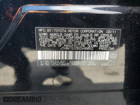 2011 Lexus ES 330 z VIN JTHBK1EG3B2448852, wystawiony jako Copart lot #52402785 z przebiegiem 71 631 mil mil oraz Szkoda całkowita • Salvage title. Historia ofert i sprzedaży dostępna na DreamBid. Obrazek 13.