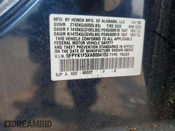 2010 Honda Ridgeline RTL with VIN 5FPYK1F5XAB004153, listed as a Copart auction lot 59710535 with Not provided miles and Salvage title. Bid and sale history available at DreamBid. Image 12.