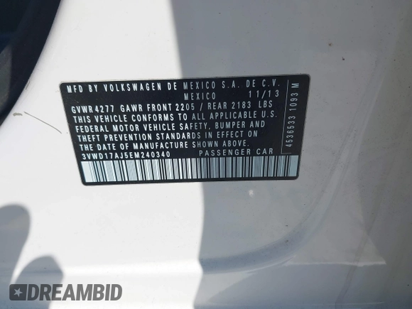 2014 Volkswagen Jetta Sedan SE w/Connectivity/Sunroof PZEV with VIN 3VWD17AJ5EM240340, listed as a IAAI auction lot 41787939 with 173,643 mi miles. Bid and sale history available at carsss.com. Image 9.