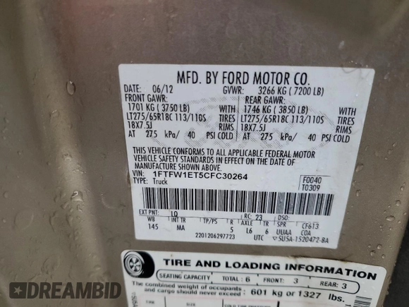 2012 Ford F-150 XL with VIN 1FTFW1ET5CFC30264, listed as a Copart auction lot 55231195 with 272,270 mi miles and Salvage title. Bid and sale history available at DreamBid. Image 12.