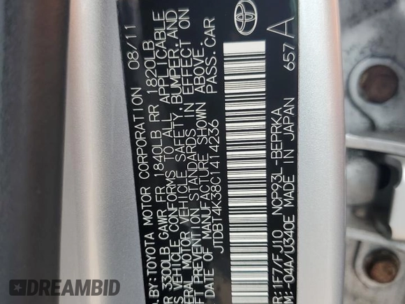 2012 Toyota Yaris z VIN JTDBT4K38C1414236, wystawiony jako Copart lot #58471515 z przebiegiem Nie podano mil oraz Szkoda całkowita • Salvage title. Historia ofert i sprzedaży dostępna na DreamBid. Obrazek 12.