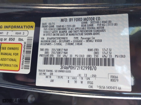 2015 Ford Fusion SE with VIN 3FA6P0H72FR299870, listed as a IAAI auction lot 41835666 with 84,450 mi miles. Bid and sale history available at carsss.com. Image 9.