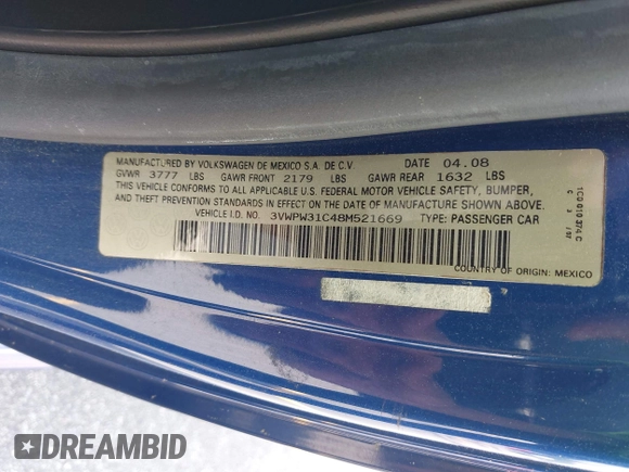 2008 Volkswagen Beetle S with VIN 3VWPW31C48M521669, listed as a IAAI auction lot 42211753 with 106,001 mi miles and . Bid and sale history available at DreamBid. Image 9.