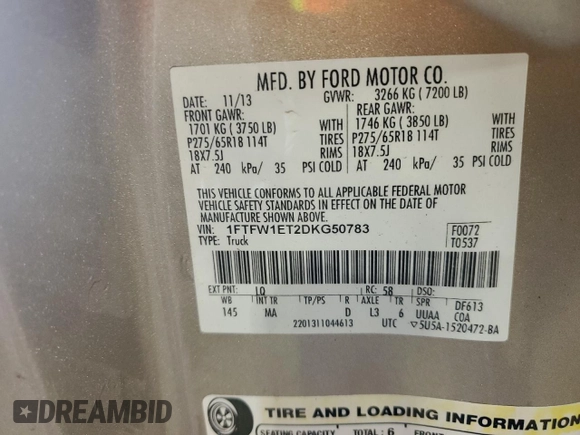 2013 Ford F-150 XL with VIN 1FTFW1ET2DKG50783, listed as a Copart auction lot 46353925 with 116,255 mi miles and Salvage Title. Bid and sale history available at carsss.com. Image 12.