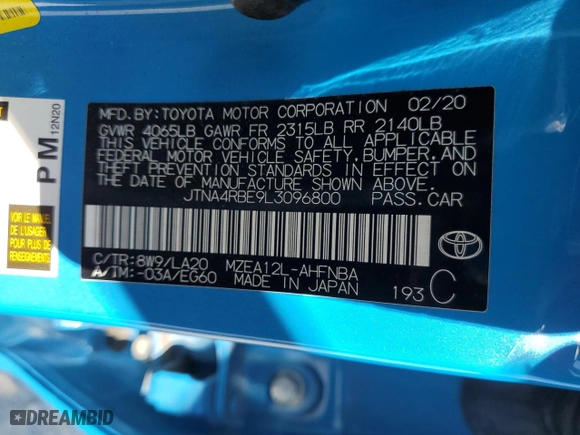 2020 Toyota Corolla Hatchback XSE with VIN JTNA4RBE9L3096800, listed as a Copart auction lot 80495084 with 67,936 mi miles and Salvage Title. Bid and sale history available at carsss.com. Image 12.