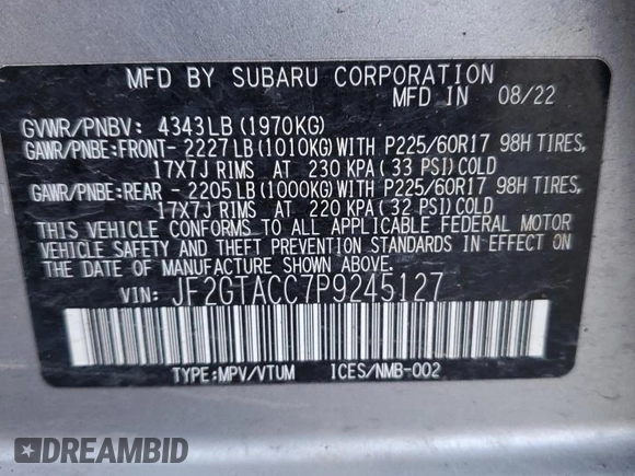 2023 Subaru Crosstrek Premium with VIN JF2GTACC7P9245127, listed as a Copart auction lot 87095854 with Not provided miles and Salvage title. Bid and sale history available at DreamBid. Image 13.
